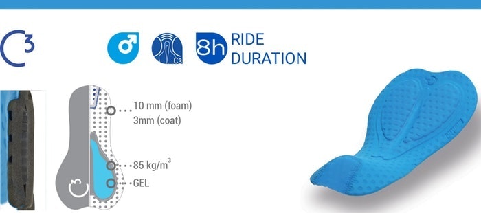 Blue cycling chamois pad with technical specifications and ride duration details.
