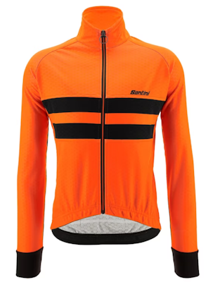 Fluro orange cycling jacket with black stripes and a zipper.