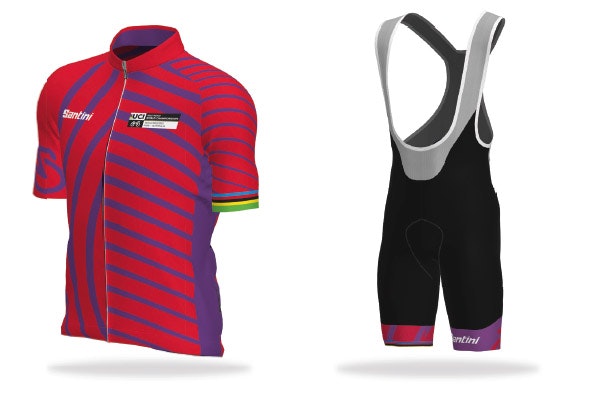 Red and purple cycling jersey with stripes and matching black bib shorts with red and purple accents, both by Santini.