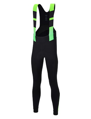 Santini bib tights in black with neon green straps and accents.