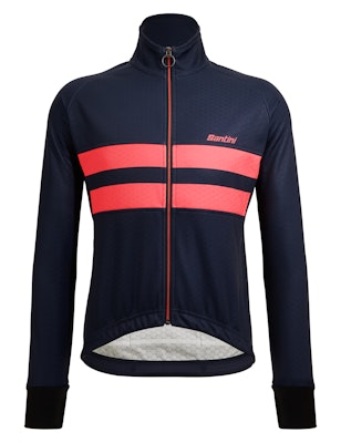 Santini long-sleeve cycling jacket in navy blue with pink horizontal stripes.