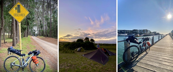 Three images of a bikepacking trip bike on a forest trail, campsite at sunset, and bike on a dock by the water.